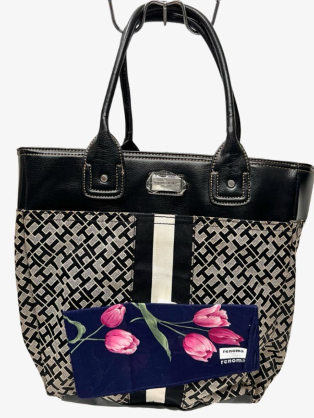 New-Everyday Tommy Hilfiger  Black/ White Logo Tote Bag +New Renoma Kerchief (10 - Picture 5 of 13